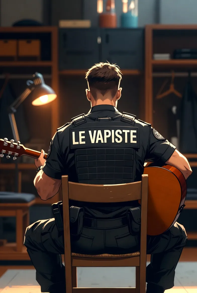Illustration Le Vapiste : un agent joue de la guitare, en référence aux musiques de révision
